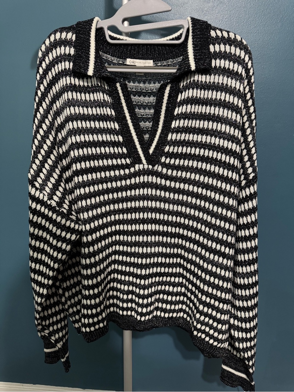 Cato Black and White Striped V-Neck Knit Sweater